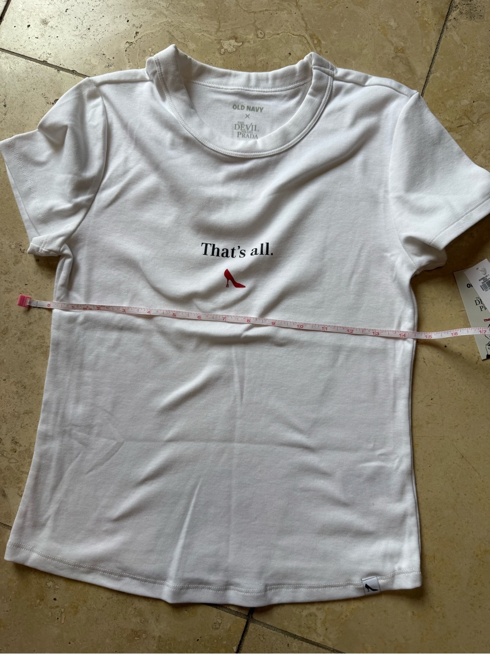 Old Navy White Short-Sleeve Tee with Black Text and Red Shoe Graphic